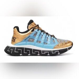 Versace Metallic Gold and Light Blue Athletic Sneaker